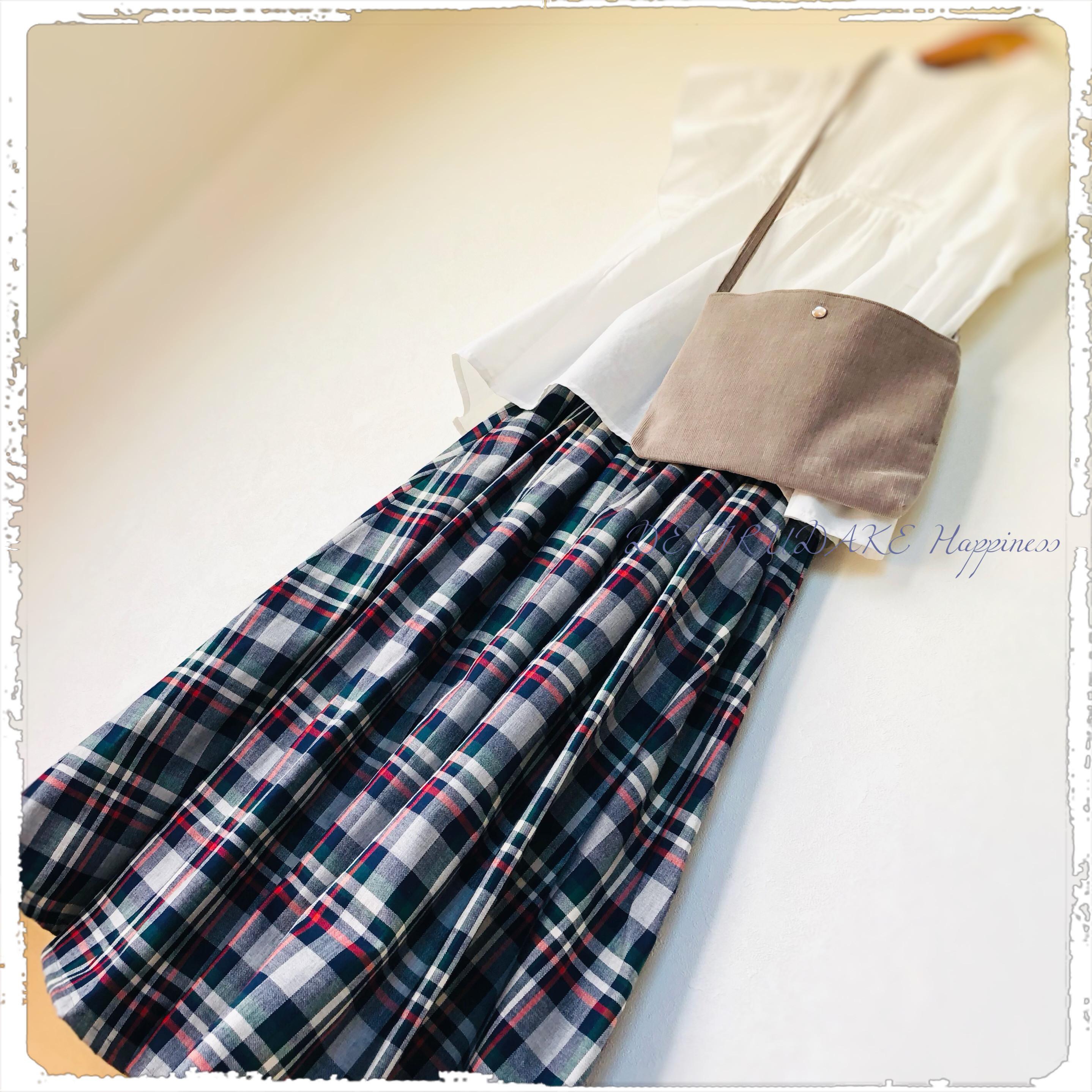 播州織り 先染め格子柄ミモレ丈ふんわりタックギャザースカート 便利な両脇ポケット付き