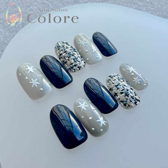 シルバーマグネット✖️ネイビーのツイードネイル ネイルチップ（つけ