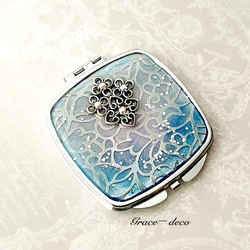 楕円コンパクトミラー マーメイド クリスタル＆パール 青×白 手鏡