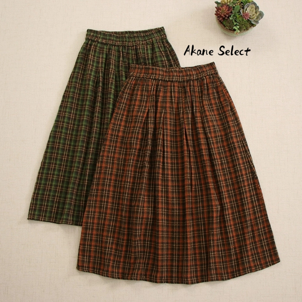 【可愛いチェック柄スカート】クリスマス│赤と深緑│レトロ系│ポケット付き│カジュアルな森ガール風│B-38LB