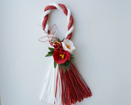 紅 ラタン のお正月飾り ちりめん椿 和モダン NO2 お正月2025】お正月飾り 紅鶴・紅白椿 アートフラワー 和モダン 紅白