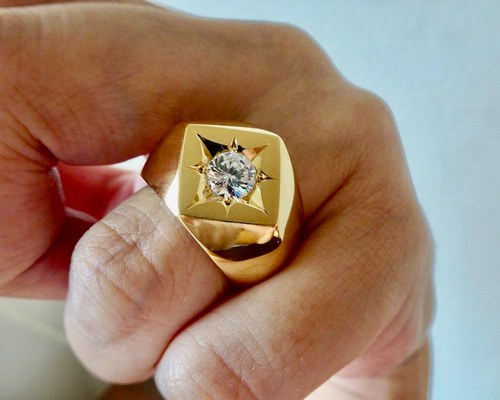 仁尾彫金『一つ星ジルコニア、k18菱形印台リング』ハンドメイド346