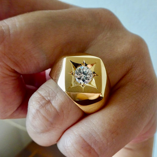 仁尾彫金『一つ星ジルコニア、k18菱形印台リング』ハンドメイド346