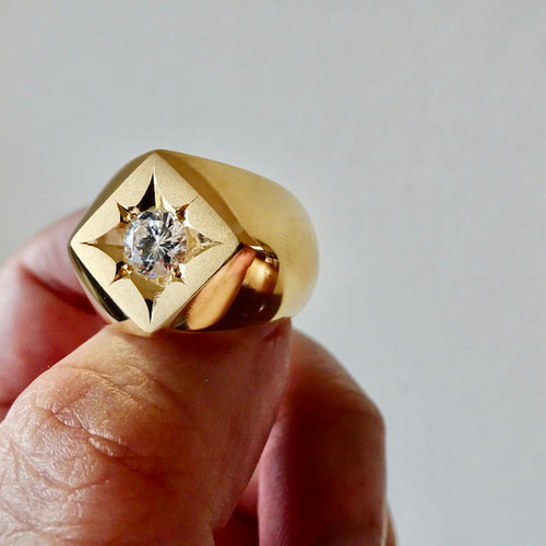仁尾彫金『一つ星ジルコニア、k18菱形印台リング』ハンドメイド346