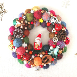 【再販】毛糸玉リース☆クリスマス カラフルでにっこり☆毛糸玉のクリスマスリース(小) 毛糸玉