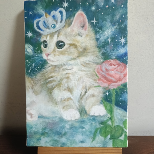 油絵 絵画【猫と青い薔薇】 猫絵画