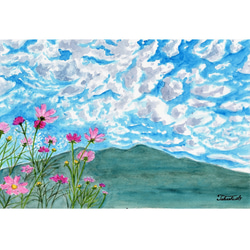 夜更けのコスモス】アクリル画 F3 風景画 絵画 中秋の名月
