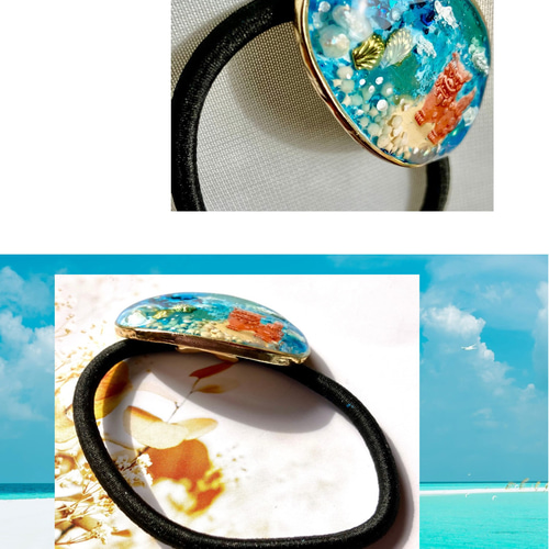 沖縄 シーサー 白い砂浜 海 ハンドメイドヘアゴム ヘアゴム しま