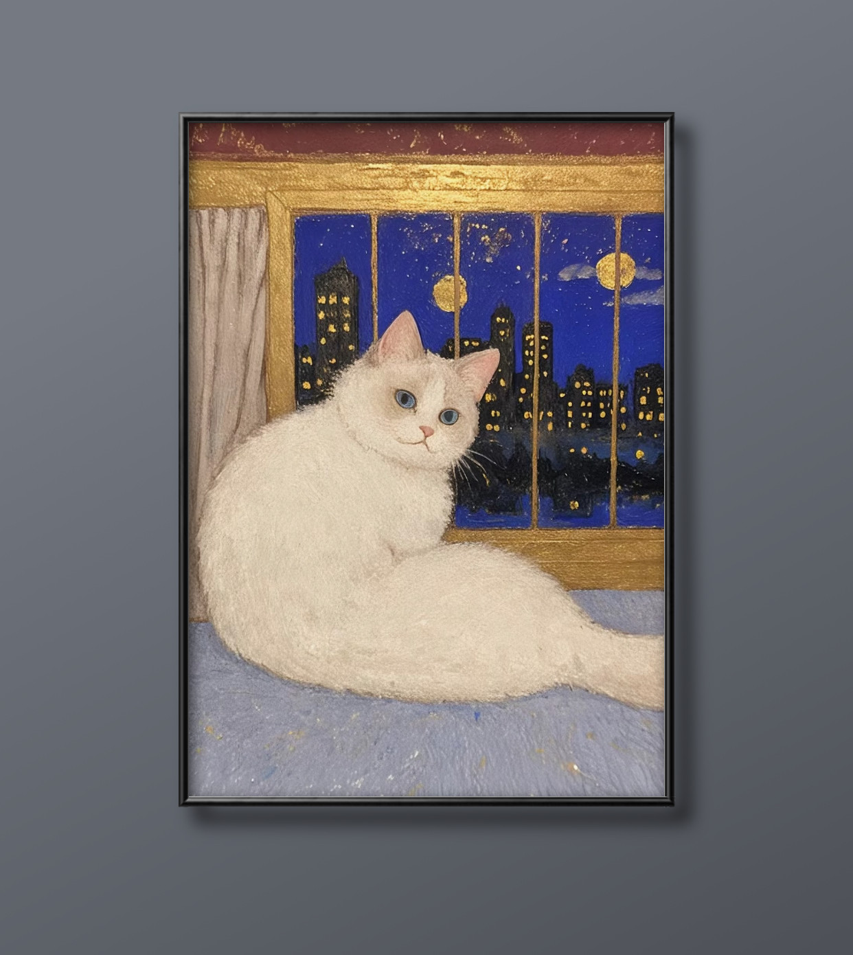 。壁掛け絵【果物を食べたくて恥ずかしがり屋の白い猫】 マサ·Sお客❤️絵画