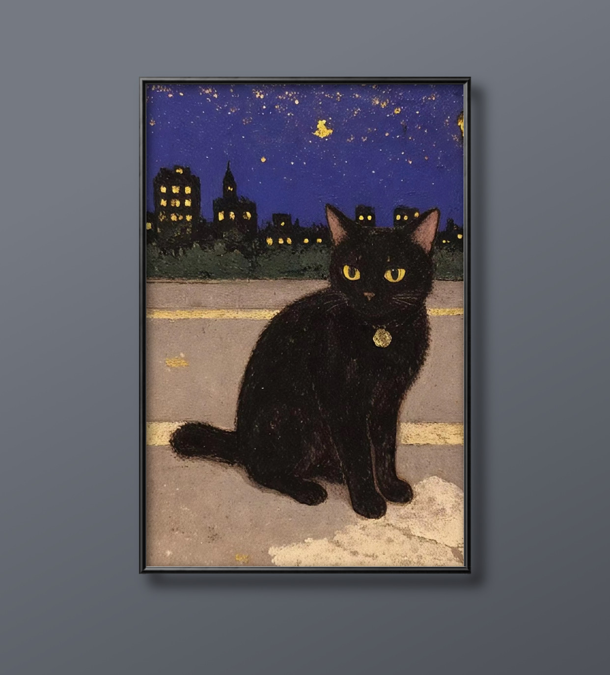 絵画。原画☆キャンバス F10【夜、黒猫が星を抱いて願い事をする】 絵画。原画☆キャンバス F10【夜、黒猫が星を抱いて願い事をする】