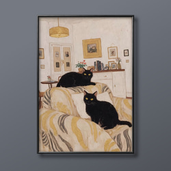絵画 | イラストポスター 124 ☆ 【ソファーで寝る準備をしている黒猫