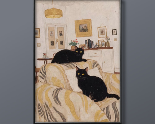 絵画 | イラストポスター 124 ☆ 【ソファーで寝る準備をしている黒猫