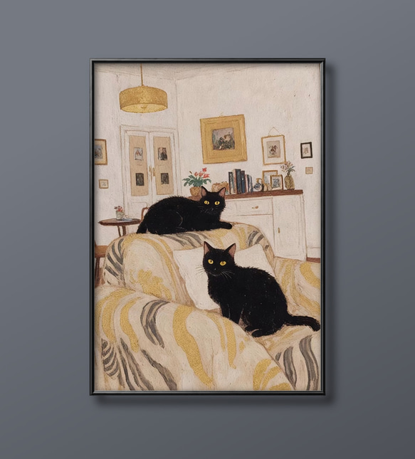 絵画 | イラストポスター 124 ☆ 【ソファーで寝る準備をしている黒猫