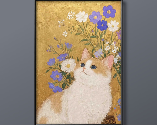 絵画。原画【月の白い猫に美しいバラを三本植えました】 絵画。原画【月の白い猫に美しいバラを三本植えました】