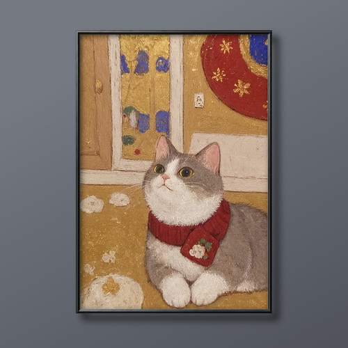 絵画 | イラストポスター 133 ☆ 【猫ちゃんのほっこりする冬】 絵画