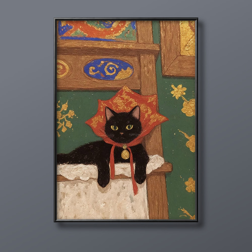 絵画 | イラストポスター 134 ☆ 【赤いマフラーをした黒猫