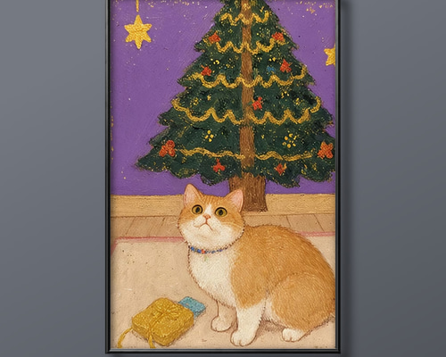 花の絵 クリスマスの絵　ボタニカル フラワーアート クリスマス 猫アート 花柄 絵画 | イラストポスター138 ☆ 【橘猫の楽しいクリスマス】 絵画