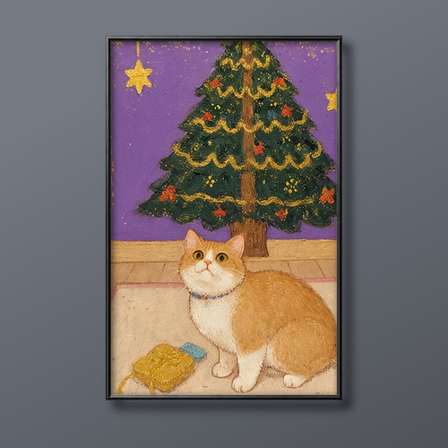 クリスマスブーツ猫イラスト原画絵画インテリア飾り