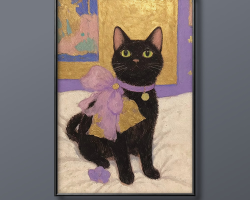 絵画。壁掛け原画【ピアノ部屋で音楽を聴くのが好きなかわいい黒猫】 1fa31eb98373fb430a957ad168001f