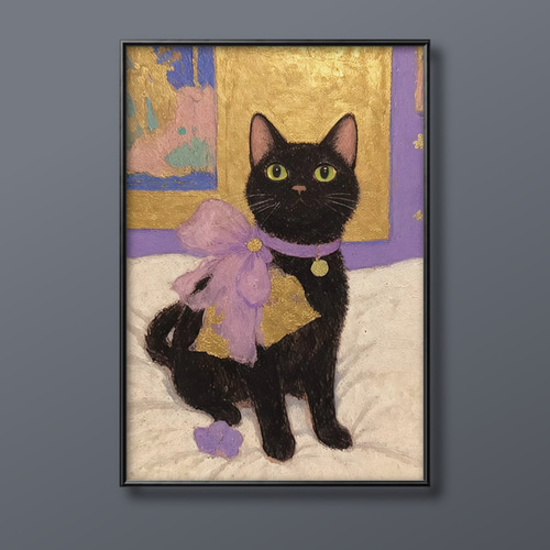 最愛 絵画 【黒猫はきれいな紫色のリボンを 141☆ イラストポスター | 絵画