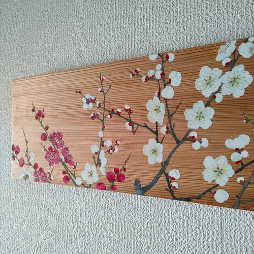 紅白梅の窓」梅 お正月 冬 春 絵画 工芸品 アート 絵画 季節の絵付け
