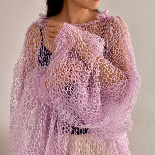 美品 theory luxe 23SS リブ編みサマーニット ラベンダー セゾンドパピヨン SAISON DE PAPILLON パール襟透かし変形編みサマー