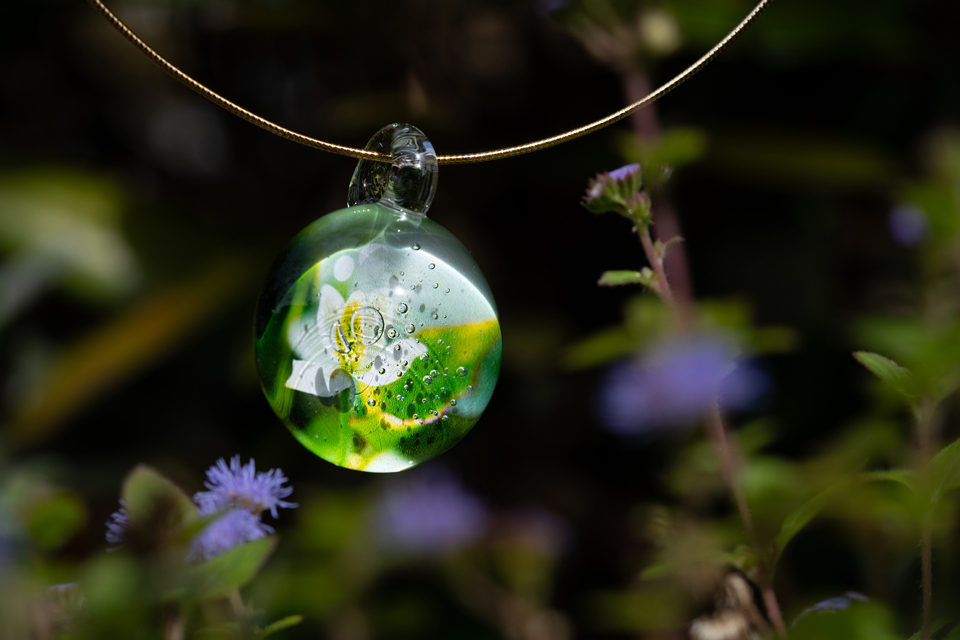 【受注制作】水中ガラス カボション ペンダントトップ(L) 「光の泡」