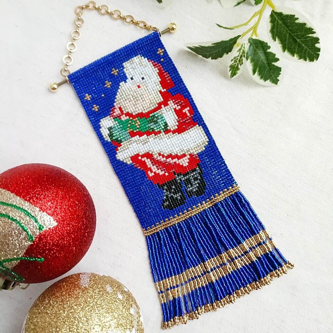ビーズ織りタペストリー「サンタさん/青」✨