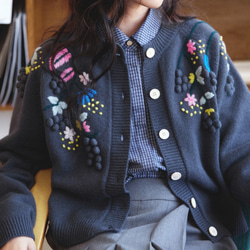 ◇ 【 フラワー 葡萄 刺繍カーディガン】ブルーベリーグレー ウール100