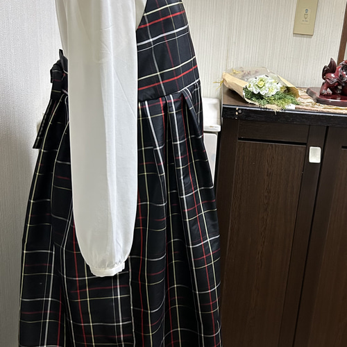 絹 大島紬 キャミソール ワンピース 黒 格子 後ろリボン結び