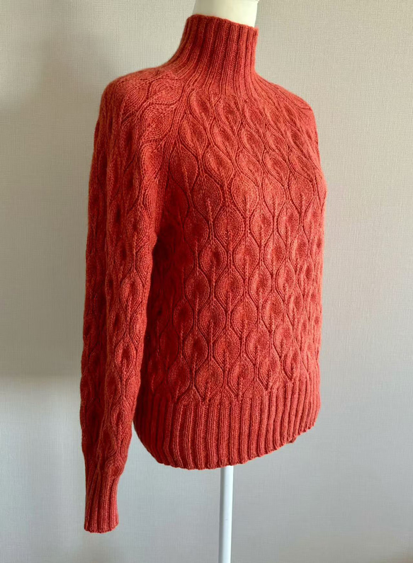 手編みハイネックニット カシミヤ100％使用 (オレンジ) ニット