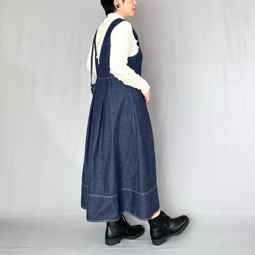 大人レトロなデニムのジャンパースカート〈ネイビー〉レディース