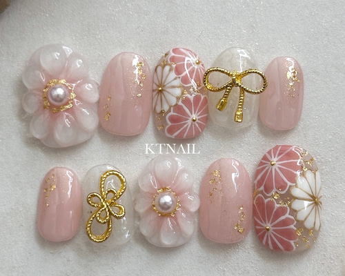 ピンク和柄ネイル/成人式ネイル/着物/金箔/振袖/和柄/水引/ブライダル