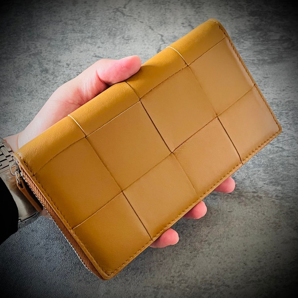 シープスキン イントレチャート 長財布 編み込み 大容量 ブラウン 茶 メンズ レディス 本革 羊革 2枚目の画像