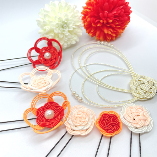 水引き髪飾り 9点セット オレンジ ホワイト 成人式 結婚式 卒業式 和装