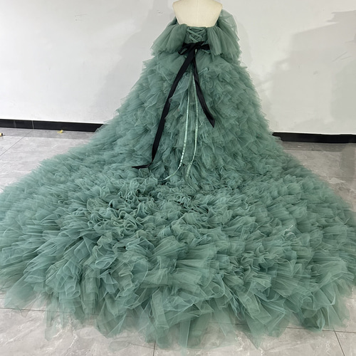 ダークグリーン パーティードレス チュールフリル シアーカラー グラデーションチュール ロングプリーツ 結婚式