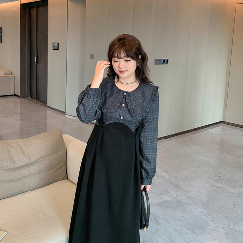 XL~5L ブラック ワンピース 大きいサイズ チェック柄 秋冬 ロング丈