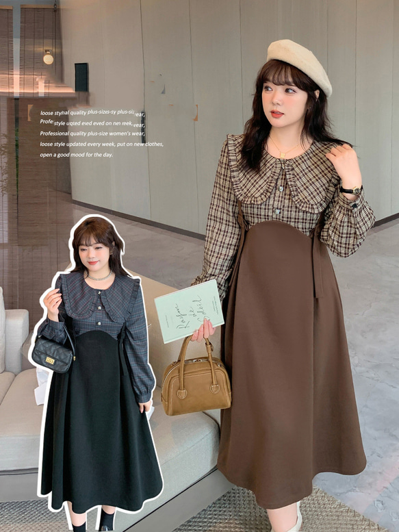 XL~5L ブラック ワンピース 大きいサイズ チェック柄 秋冬 ロング丈