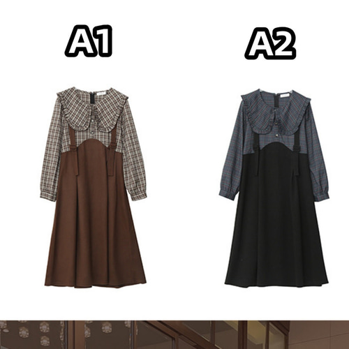 XL~5L ブラック ワンピース 大きいサイズ チェック柄 秋冬 ロング丈