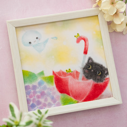 絵画。原画【手の中の紫色のアサガオ、かわいい黒猫とウサギ】 絵画。原画【手の中の紫色のアサガオ、かわいい黒猫とウサギ】