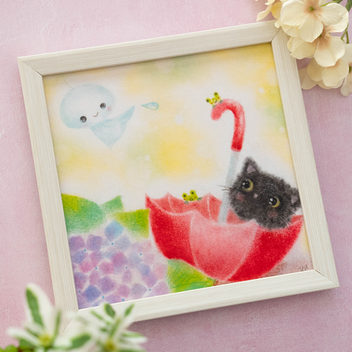 送料無料｜【複製画】「黒猫と紫陽花」 パステルアート ねこ