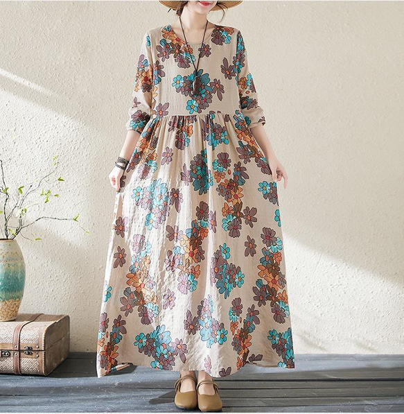 大きいサイズ レディース ロング ワンピース 秋冬 新品 長袖 花柄