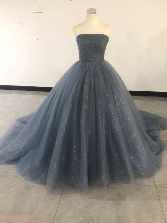 パーティードレス ブルーグレー もっ ベアトップ 繊細レース バック  