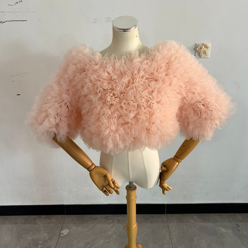 トップス ピンク もこもこ 半袖 背中見せ ラッフルフリル 可愛い