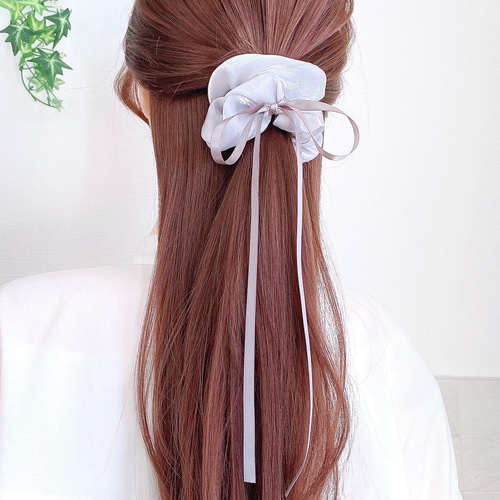 グレー】リボンシュシュ サテンリボン シフォン シュシュ ヘアゴム