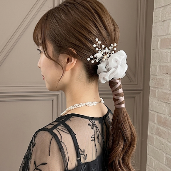 グレー】リボンシュシュ サテンリボン シフォン シュシュ ヘアゴム