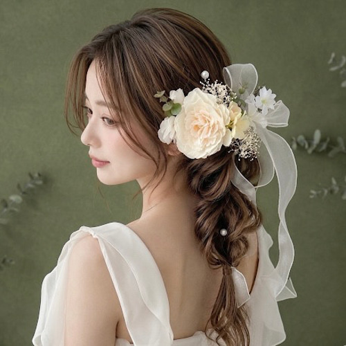 グレー】リボンシュシュ サテンリボン シフォン シュシュ ヘアゴム