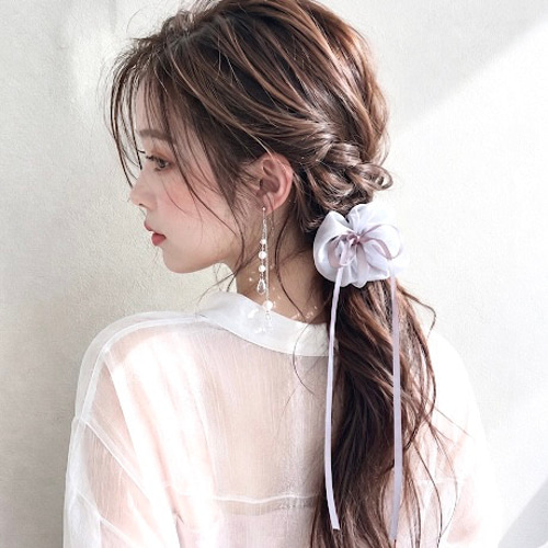 【アイボリー×グレージュ】ラインリボン♡ヘアゴム グレー】リボンシュシュ サテンリボン シフォン シュシュ ヘアゴム