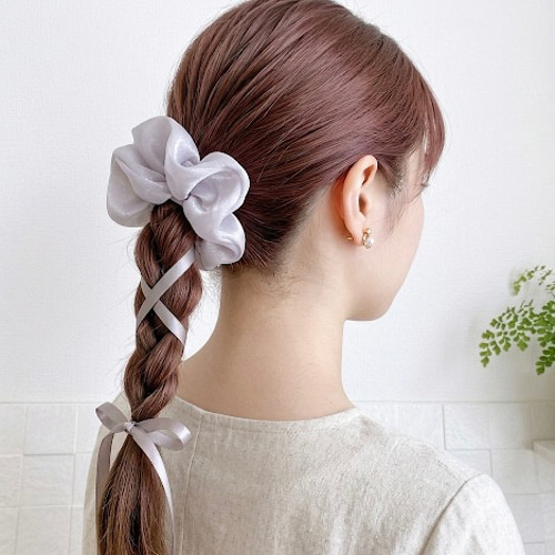 グレー】リボンシュシュ サテンリボン シフォン シュシュ ヘアゴム