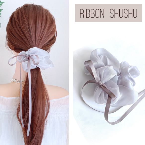 No.13リボンヘアゴム☆ハンドメイド☆サテン☆ベージュ リネンとサテンレースリボンを重ねた、リーフヘアゴム（ベージュ